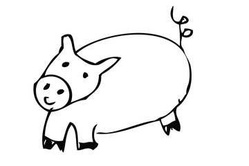Vector Simple Manual Hand Draw Outline Sketch of Big Pig

