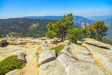 top of Sentinel Dome, a granite dome in the south wall of Yosemite Valley. mountain hiking in a...