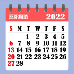 Letter calendar for February 2022. The week begins on Sunday. Time, planning and schedule concept. Flat design. Removable calendar for the month. Vector