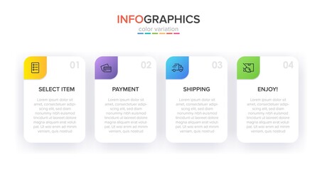 Concept of shopping process with 4 successive steps. Four colorful graphic elements. Timeline design for brochure, presentation, web site. Infographic design layout.
