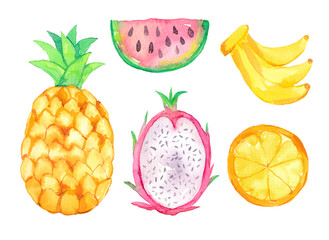 Watercolor set of tropical fruits of pineapple, watermelon, pitaya, banana and citrus.  Food concept. Hand drawn illustration isolated on white background.