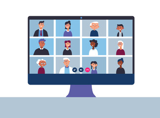 Big family talks on online video conference. Video calls and conversations over the Internet