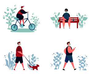 illustration of activities in the park during the corona,walking with pets, relaxing, biking, running.