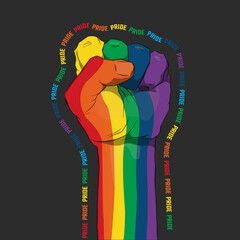 Raised fist with colors of LGBT flag for liberty and tolerance on a white background. LGBT pride month