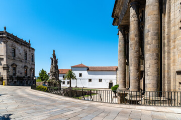 Fototapeta na wymiar Empty square in the medieval city of Santiago de Compostela during coronavirus pandemic, Galiza, Spain