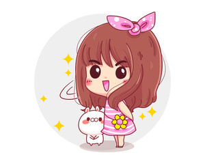 Character of cute girl and white rabbit standing with happy day concept isolated on white background.