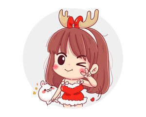 Character of cute girl wearing red christmas uniform and reindeer concept with sexy posting isolated on white background.