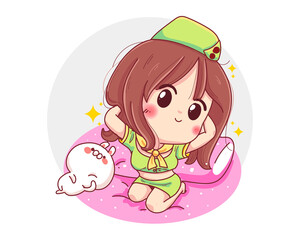 Character of cute girl wearing service uniform with sexy posting isolated on white background.