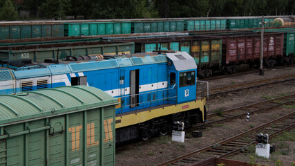 Diesel-electric locomotive on the rails. Railway station Oskemen-1. Kazakhstan, Ust-Kamenogorsk.