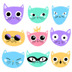 Vector illustration of cute cartoon cats faces isolated on white background. Multi-colored cats emotions in a primitive style.