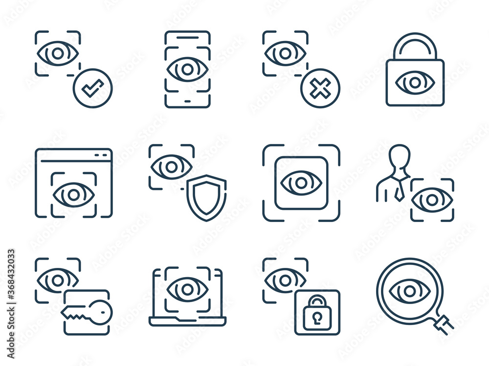 Poster eye snan related vector line icon set. eye recognition outline icons. eye authentication icon collec