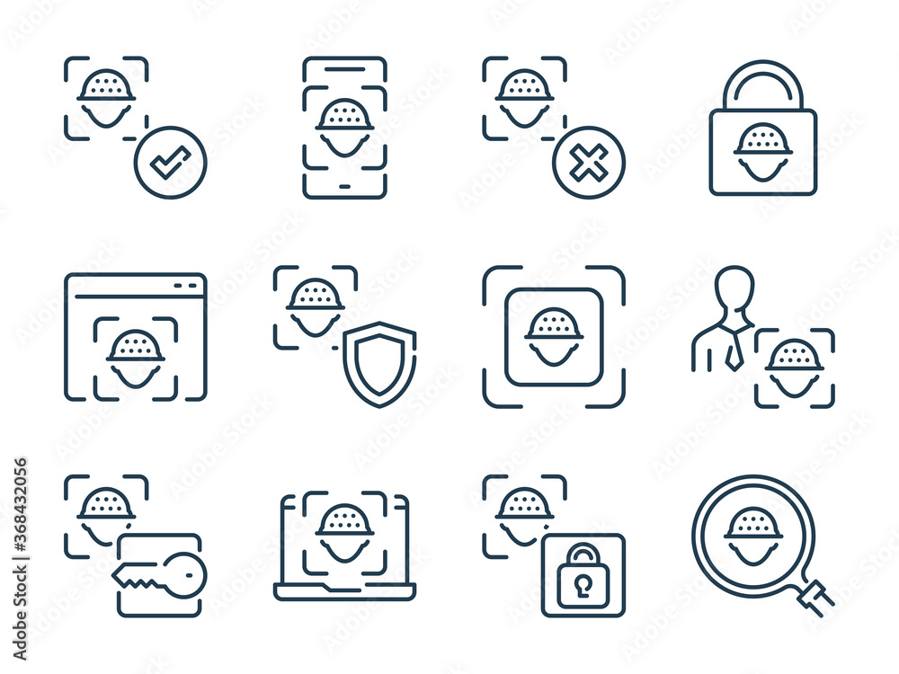 Poster face recognition related vector line icon set. facial identity outline icons. face scan icon collect