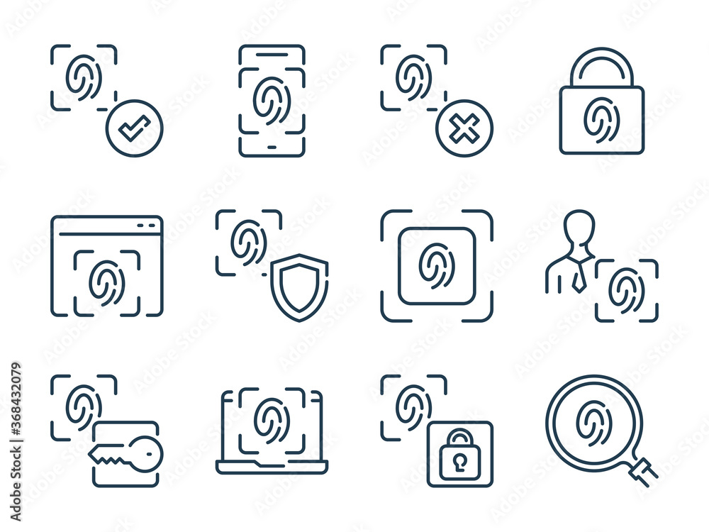 Poster fingerprint recognition related vector line icon set. finger scan outline icons. finger identificati