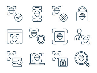 Face Recognition related vector line icon set. Facial Identity outline icons. Face Scan icon collection.