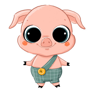 Vector illustration of a cute cartoon pig with big eyes in a green overalls isolated on a white background