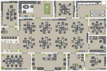 Office. Top view.
Working space. 
Office room, meeting room, reception, restroom, office furniture, cabinets, desks, chairs, computers. View from above.