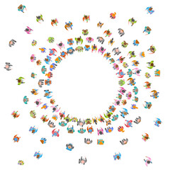 A large group of people crowds in the shape of a circle. Top view. People stand in the shape of a round frame. View from above.