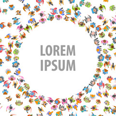 A large group of people crowds in the shape of a circle. Top view. People stand in the shape of a round frame. View from above.