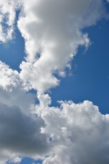 White storm clouds float across the blue sky. Beautiful atmospheric phenomenon. Natural vertical background.