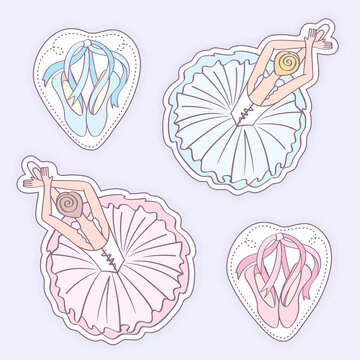 Ballerina in “dying swan” position. Top view illustration. Pair of pointe shoes with ribbons in the shape of heart. Dance stickers set in retro style