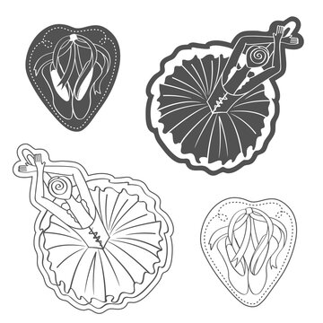 Dance stickers illustrations with ballerina in “dying swan” position and pair of with ribbons. Black and white