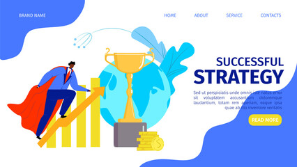 Business successful strategy concept, vector illustration. Man hero management flat people landing page, marketing graphic. Growth achievement banner, money and idea for leader template.