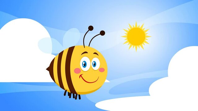 Smiling Cute Bee Cartoon Character Flying. 4K Animation Video Motion Graphics With Background