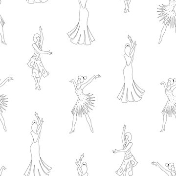 Seamless pattern with women dancing salsa, rumba, flamenco. Colored page background in black and white. Linear illustration