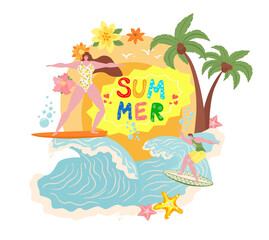 Woman at beach paradise, summer sea vacation vector illustration. Girl at ocean holiday, surfer people surfing on flat water. Cartoon tropical travel design, relax at wave background.