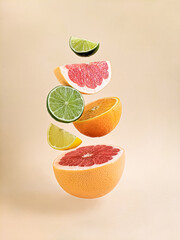 Citrus still life on a light background. Close up view. Healthy food and diet. Orange, lemon,...