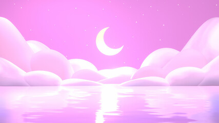 Cartoon crescent moon and pink sea at night. 3d rendering picture. © tykcartoon