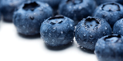 Blueberry fruit macro with dew drops background. 