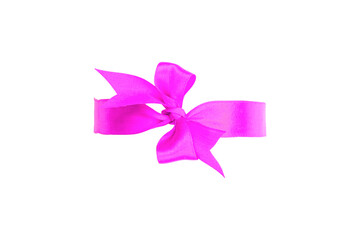 Decorative pink silk bow. Large width, handmade. Isolated on white. Festive and wedding topics.