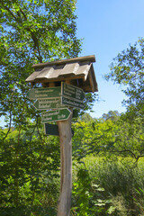 Guide post on a hiking trail around the Daeber lake in 