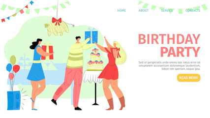 irthday party landing vector Illustration. Group people have fun in room with balloons and flags. Smiling man accept congratulation. Woman give gift. Sweet cake colorfully decorated.