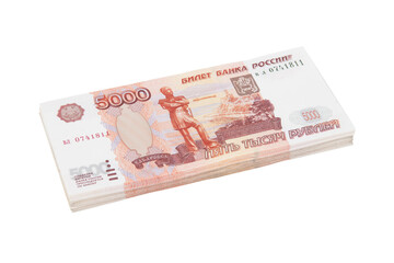 A bundle of banknotes of five thousand rubles on a white background