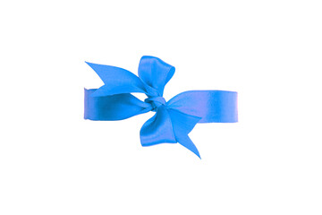 Decorative bright blue silk bow. Large width, handmade. Isolated on white