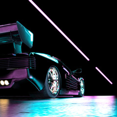 Black Luxury Futuristic Sports Car Drives on Neon Illuminated Road at Night. 3D Rendering. © Виктор Рак