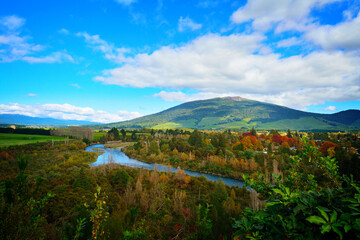 Colourful autumn landscape of Tongariro river delta with magnificent mountains at the horizon. North Island Volcanic Plateau, New Zealand