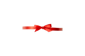 Wedding decorative coral red silk bow. Narrow width, handmade. Isolated on white/ Festive and wedding topics.
