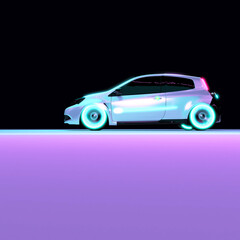 Obraz na płótnie Canvas Luxurious Futuristic Electric Compact City Car Rides on Neon Road in the Dark with Copy Space. 3D Render.