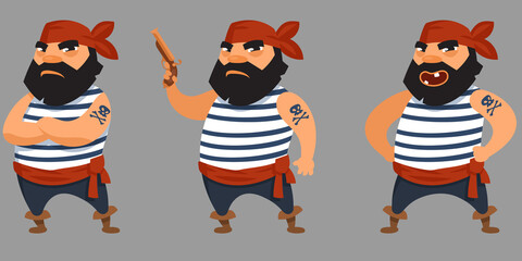 Bearded pirate in different poses. Male character in cartoon style.