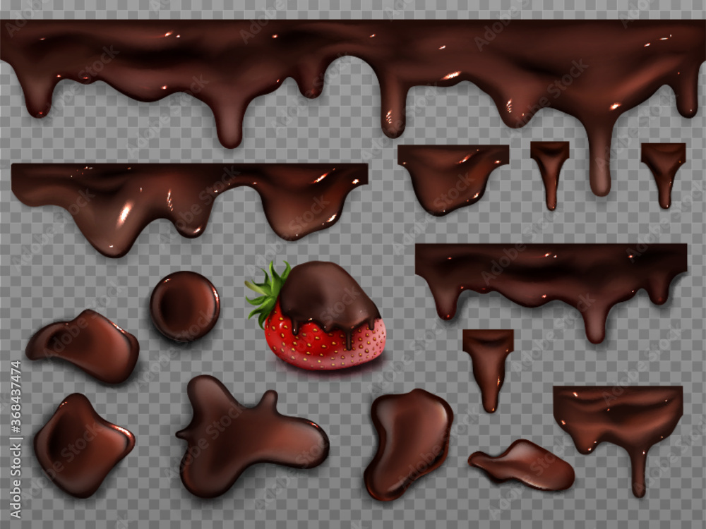Aufkleber dripping melted chocolate isolated on transparent background. vector realistic set of drops, stains,