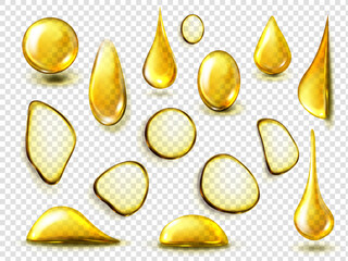 Golden drops and stains of oil or honey isolated on transparent background. Vector realistic mockup of liquid gold drips of organic cosmetic or food oil, top view of clear yellow puddles - obrazy, fototapety, plakaty