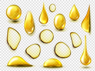 Fotobehang Golden drops and stains of oil or honey isolated on transparent background. Vector realistic mockup of liquid gold drips of organic cosmetic or food oil, top view of clear yellow puddles © klyaksun