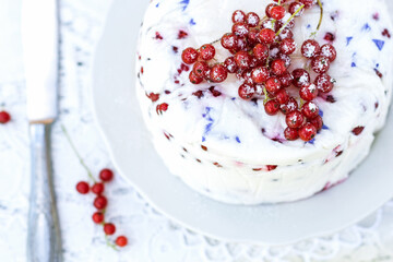Homemade dessert of yogurt , berries and gelatin, decorated with raw red currants and knife nearby in white background, fresh, healthy food  concept