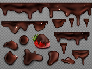 Dripping melted chocolate isolated on transparent background. Vector realistic set of drops, stains, blobs and flow of cocoa cream. Strawberry in dark liquid chocolate