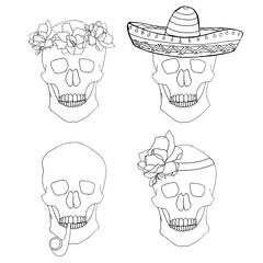 Skull set. Skull in sombrero, in wreath, with pipe hand drawn ink graphic art design elements stock vector illustration for web, for print