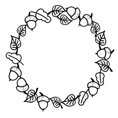 Fall round frame with hand drawn leaf and acorn on white background. Falling leaves. Autumn composition. Border of autumn. For wedding invitation and birthday card. For text, photo, save date, logo