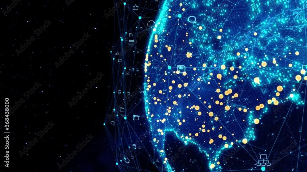Poster Global International Connectivity Background/Connection lines Around Earth Globe, Motion of digital data flow. Futuristic Technology Theme Background with Light Effect. 3D Rendering